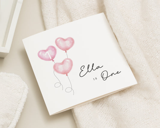 Personalised 1st Birthday Card for Girl, Heart Balloon First Birthday Card, Custom Name Birthday Card for Daughter, Cute Baby Card