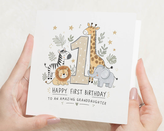 First Birthday Card for Granddaughter, 1st Birthday Card Girl, Safari Birthday Card, Jungle Animals Birthday Card, Age 1 Card