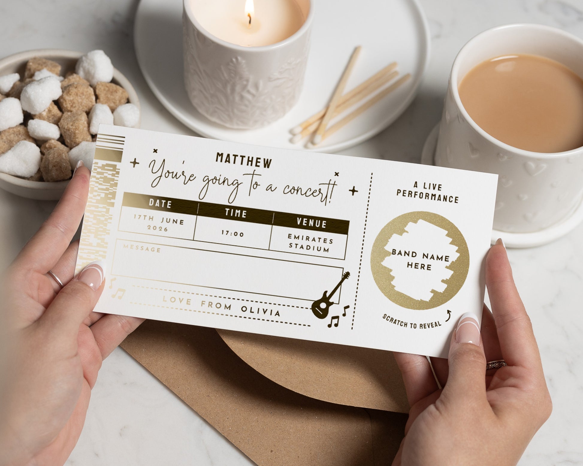 Personalised Concert Ticket Gift, Scratch To Reveal Concert Voucher, Gold Foil Gift For Him Or Her