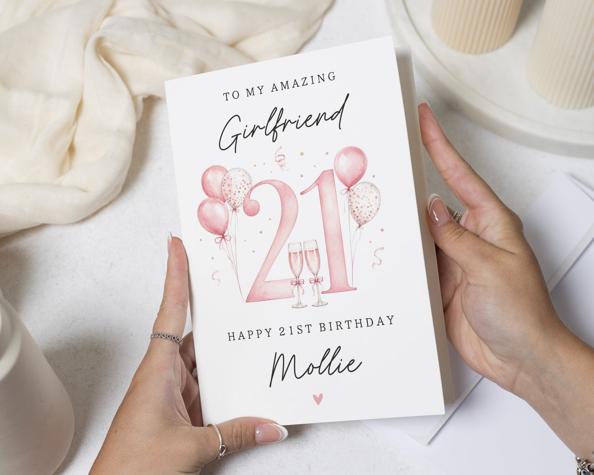 21st Birthday Card for Girlfriend, Personalised Birthday Card for Her, Girlfriend Birthday Card, 21st Birthday Card, Pink Balloon Card