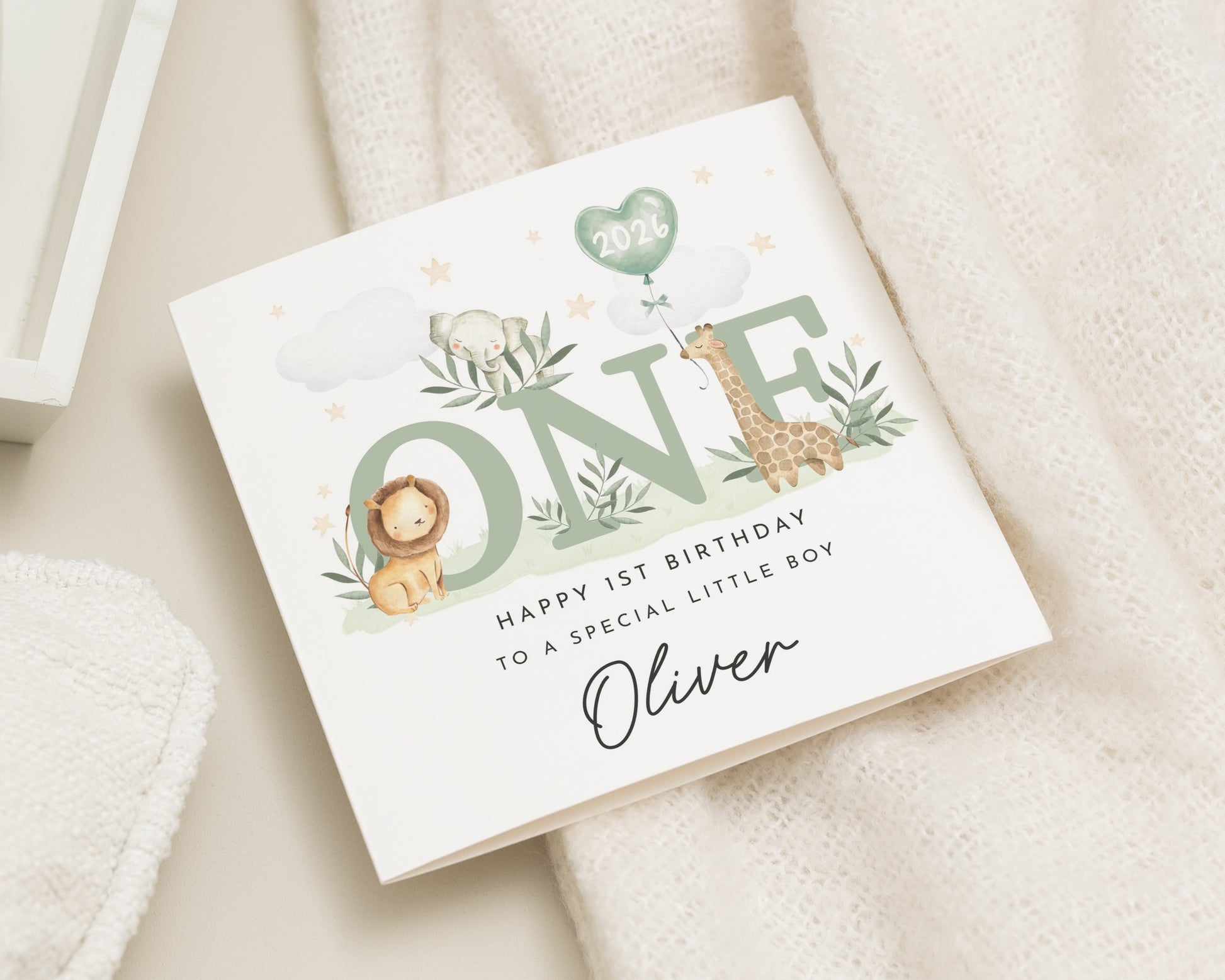 1st Birthday Card for Boy, Personalised Safari Card, Jungle Animal Birthday Card, Lion Giraffe Elephant