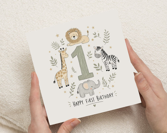1st Birthday Card, First Birthday Card, Safari Birthday Card, Jungle Birthday Card, Birthday Card for Boy, Birthday Card for Girl