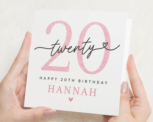 20th Birthday Card, Personalised Birthday Card for Her, Birthday Card for Daughter, Best Friend, Custom Name, Pink Glitter Style