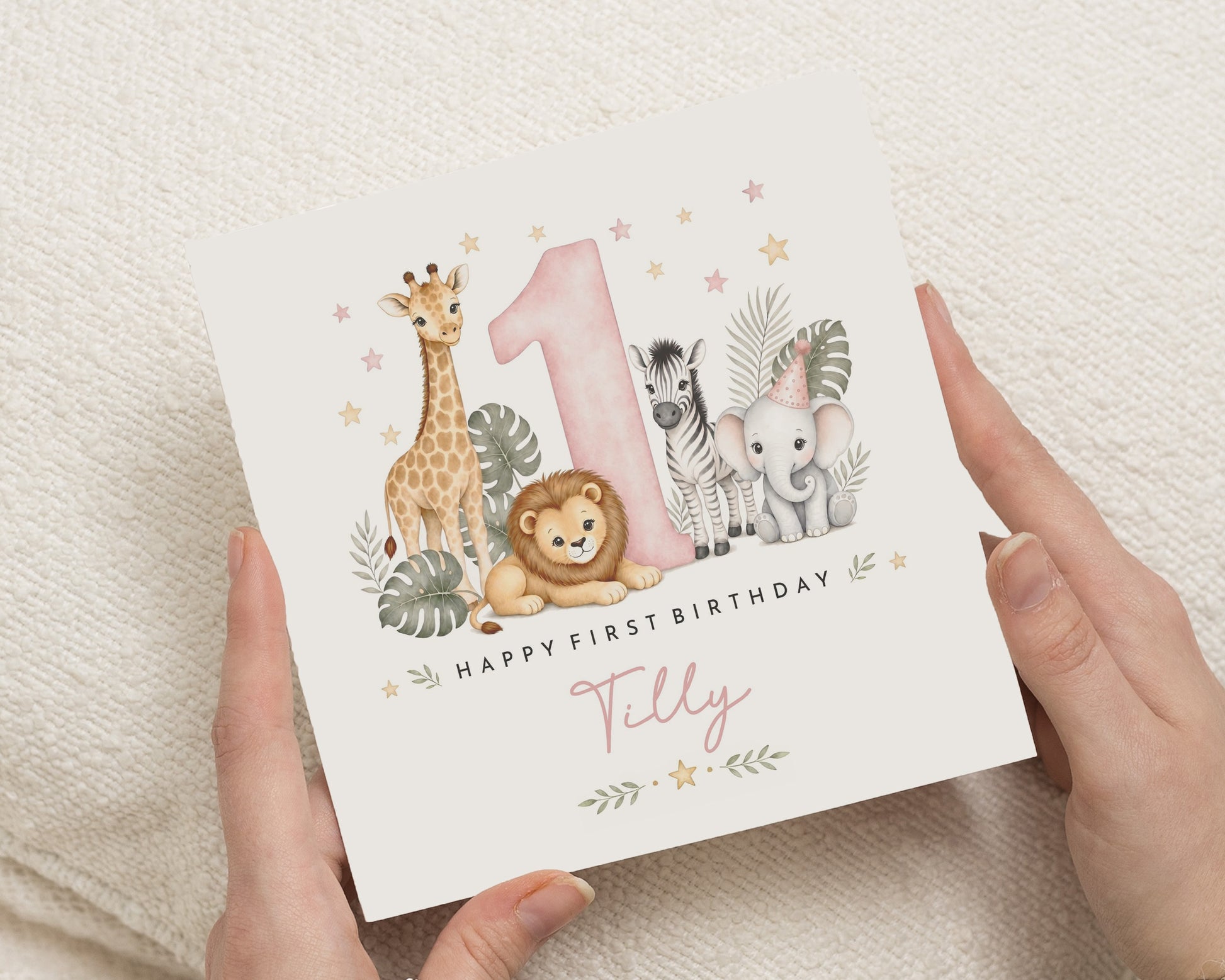 1st Birthday Card for Girl, First Birthday Card, Personalised Birthday Card for Daughter, Safari Birthday Card, Jungle Animal Card