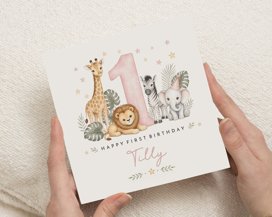 1st Birthday Card for Girl, First Birthday Card, Personalised Birthday Card for Daughter, Safari Birthday Card, Jungle Animal Card