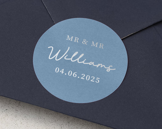 Wedding Envelope Sticker, Mr And Mr Wedding Sticker, Personalised Wedding Label, Blue Wedding Seal, Custom Name Date Sticker, Gay Wedding