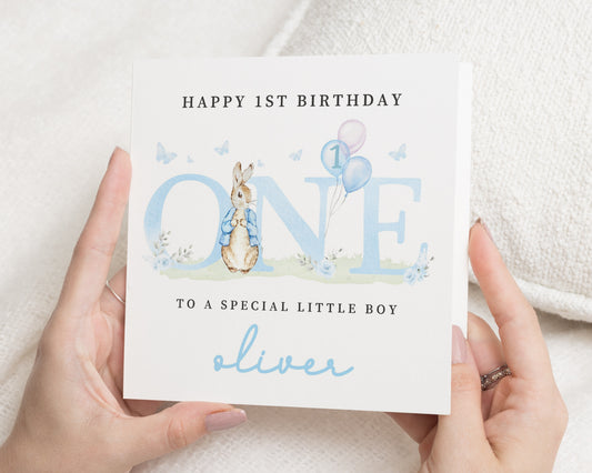 1st Birthday Card for Boy, Personalised Bunny Birthday Card, First Birthday Card for Son, Special Little Boy 1st Birthday Card