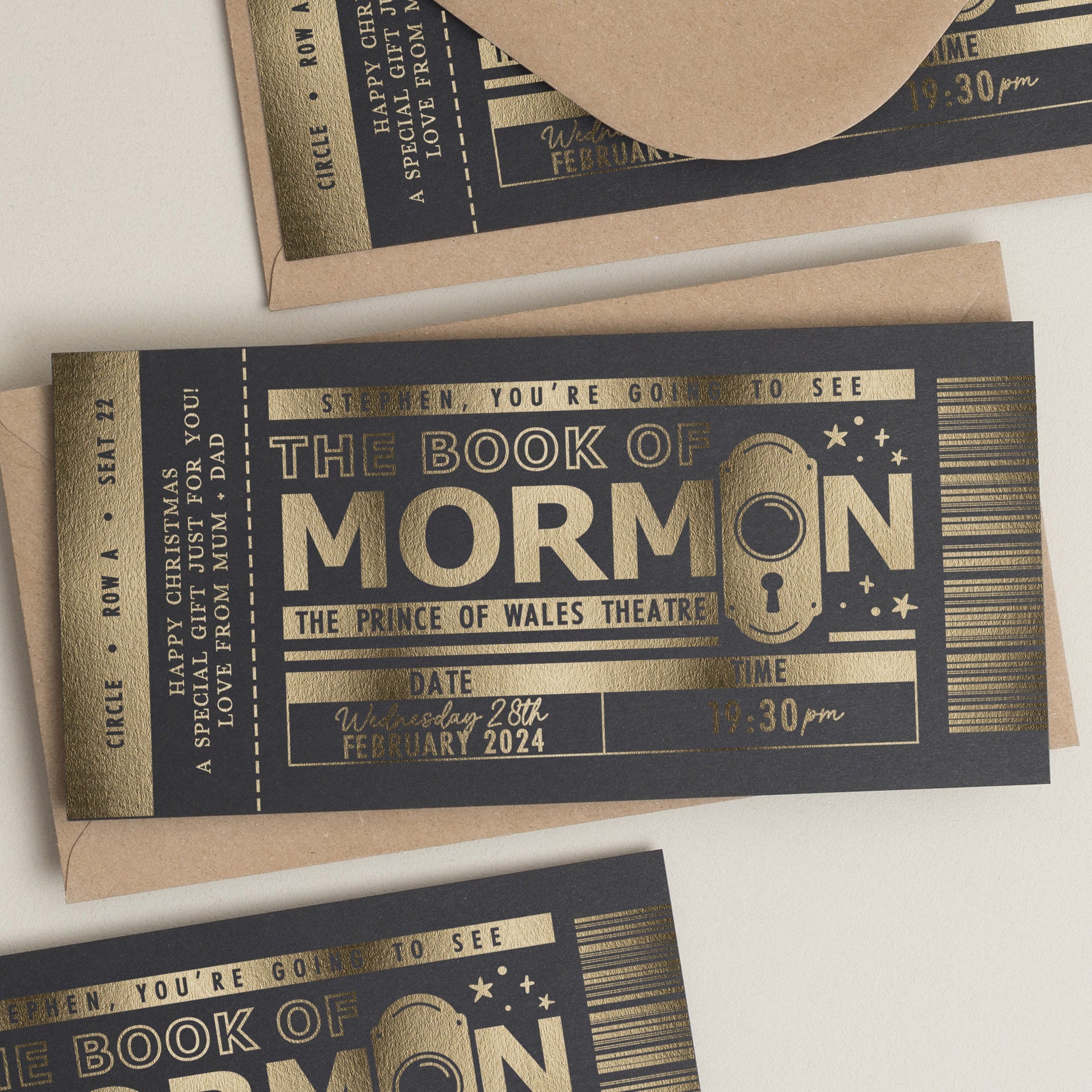 The Book Of Mormon Ticket Foil Gift Voucher, Musical Gift Voucher, Christmas Personalised Reveal Gift, Scratch To Reveal, Ticket For Show