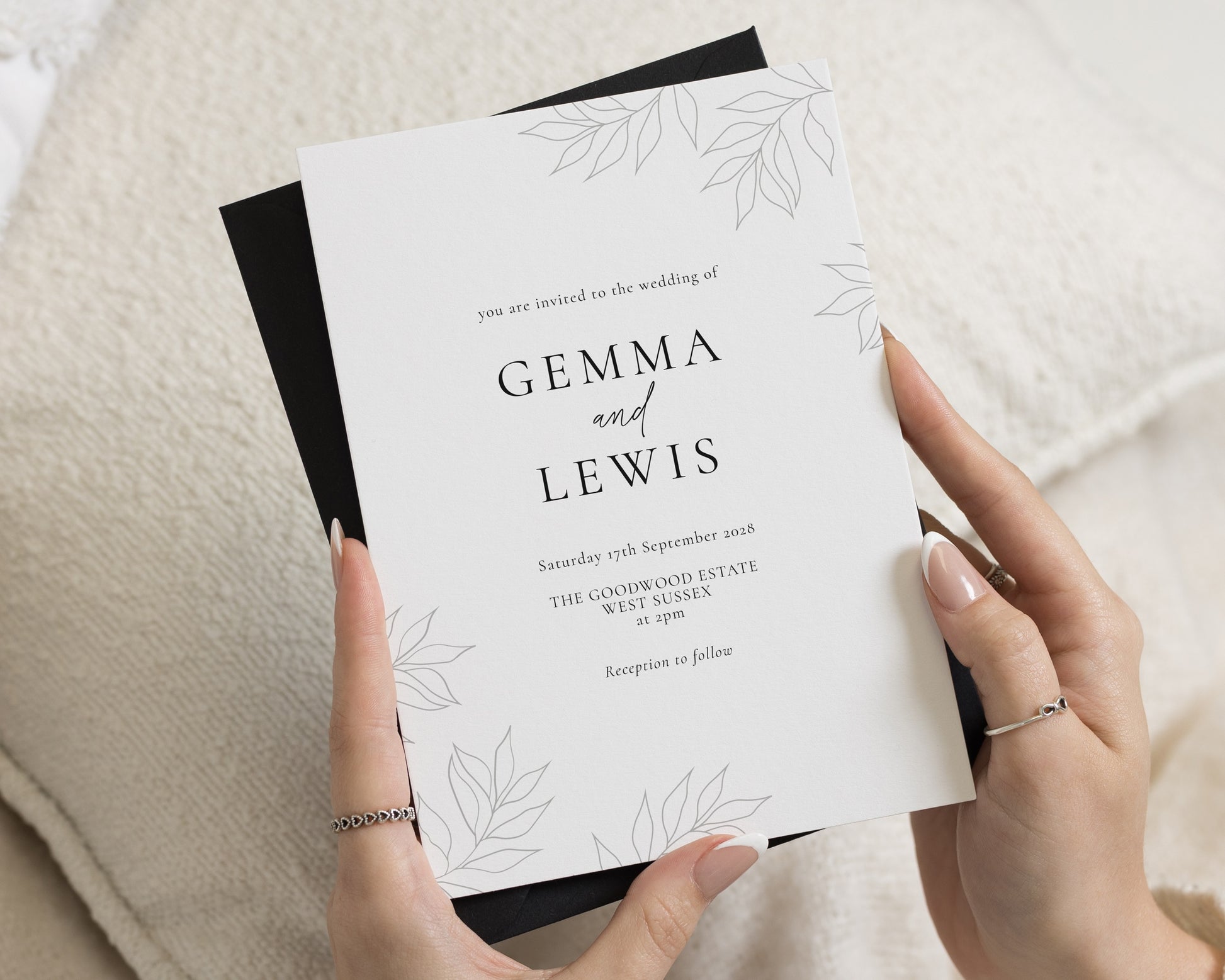 Black and White Botanical Wedding Invitations, Minimalist Wedding Invite, Elegant Personalised Invitation Suite, Grey Leaf Design