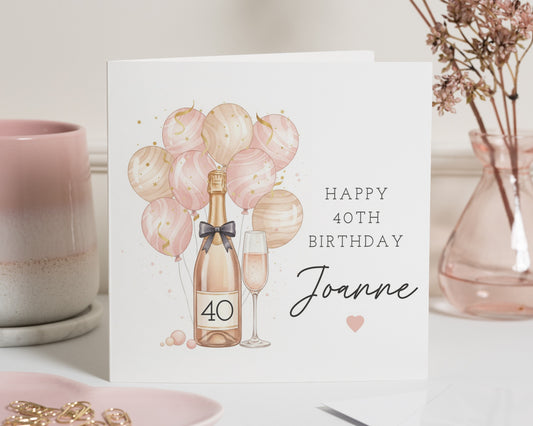 40th Birthday Card for Her, Personalised Birthday Card, Champagne Birthday Card, Birthday Card for Friend, Birthday Card for Women