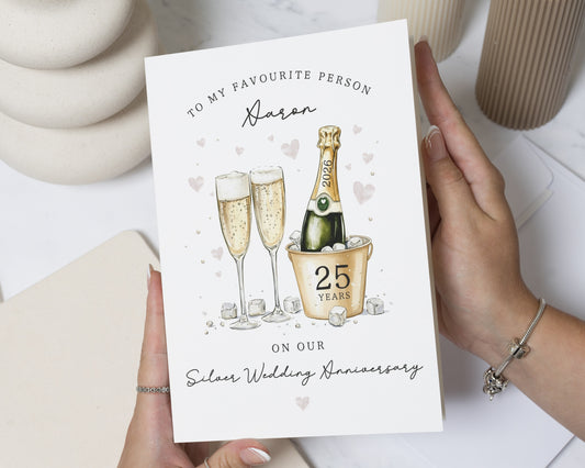 Silver Wedding Anniversary Card, Personalised 25th Anniversary Card, Anniversary Card for Husband Wife Partner, Champagne Card, 25 Years