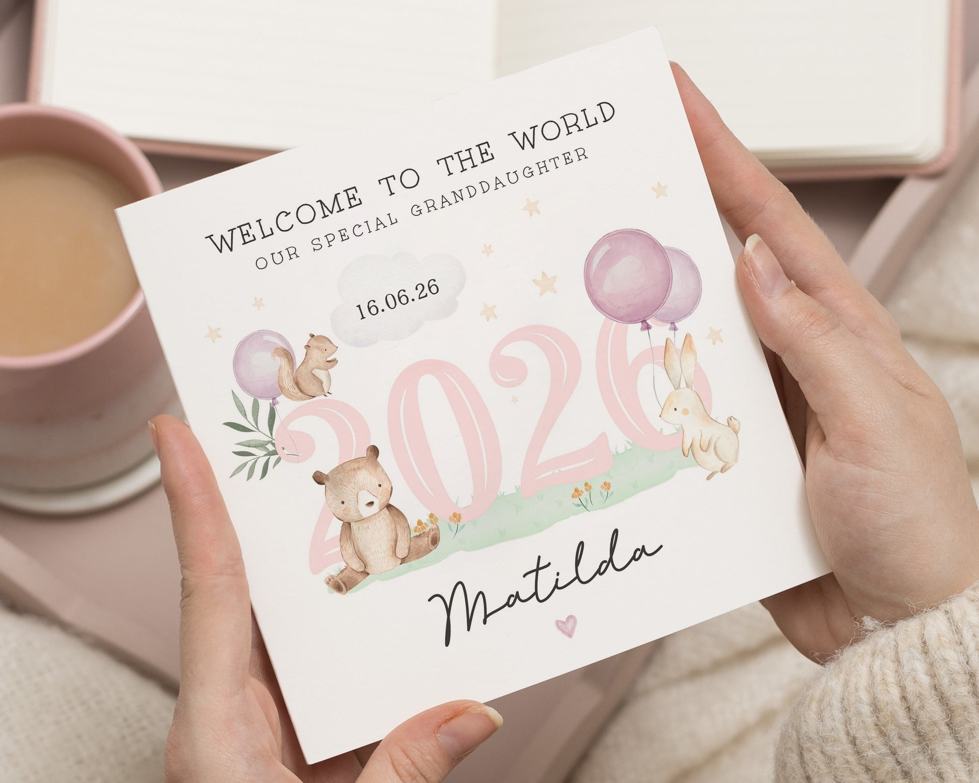 New Baby Card for Granddaughter, Daughter, Niece, Personalised Welcome to the World, Baby Girl Card, Cute Animal Card, Bunny Bear Card