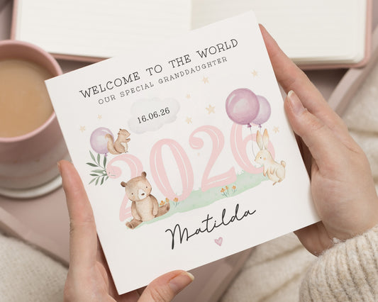 New Baby Card for Granddaughter, Daughter, Niece, Personalised Welcome to the World, Baby Girl Card, Cute Animal Card, Bunny Bear Card
