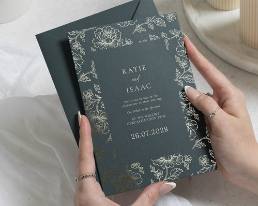 Gold Foil Floral Wedding Invitations, Deep Green Botanical Wedding Invites, Personalised Elegant Garden Wedding Invitation