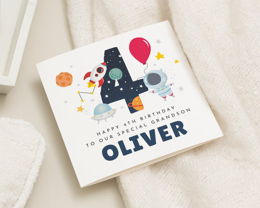 4th Birthday Card for Grandson, Space Birthday Card, Personalised Birthday Card for Boy, Grandson Birthday Card, Astronaut Birthday Card