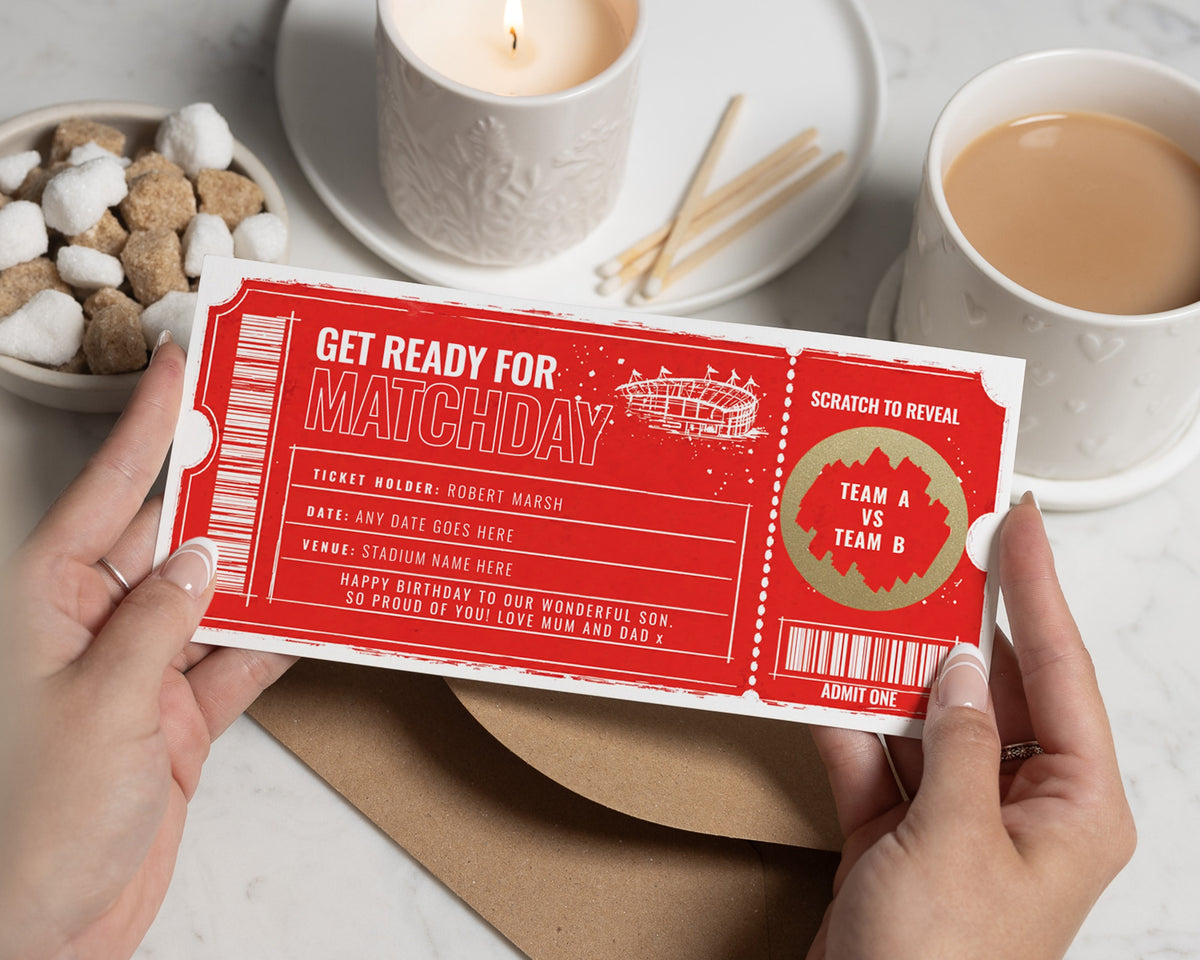 Football Match Day Gift Voucher, Scratch to Reveal Ticket, Personalised Birthday Gift for Son, Stadium Experience Voucher