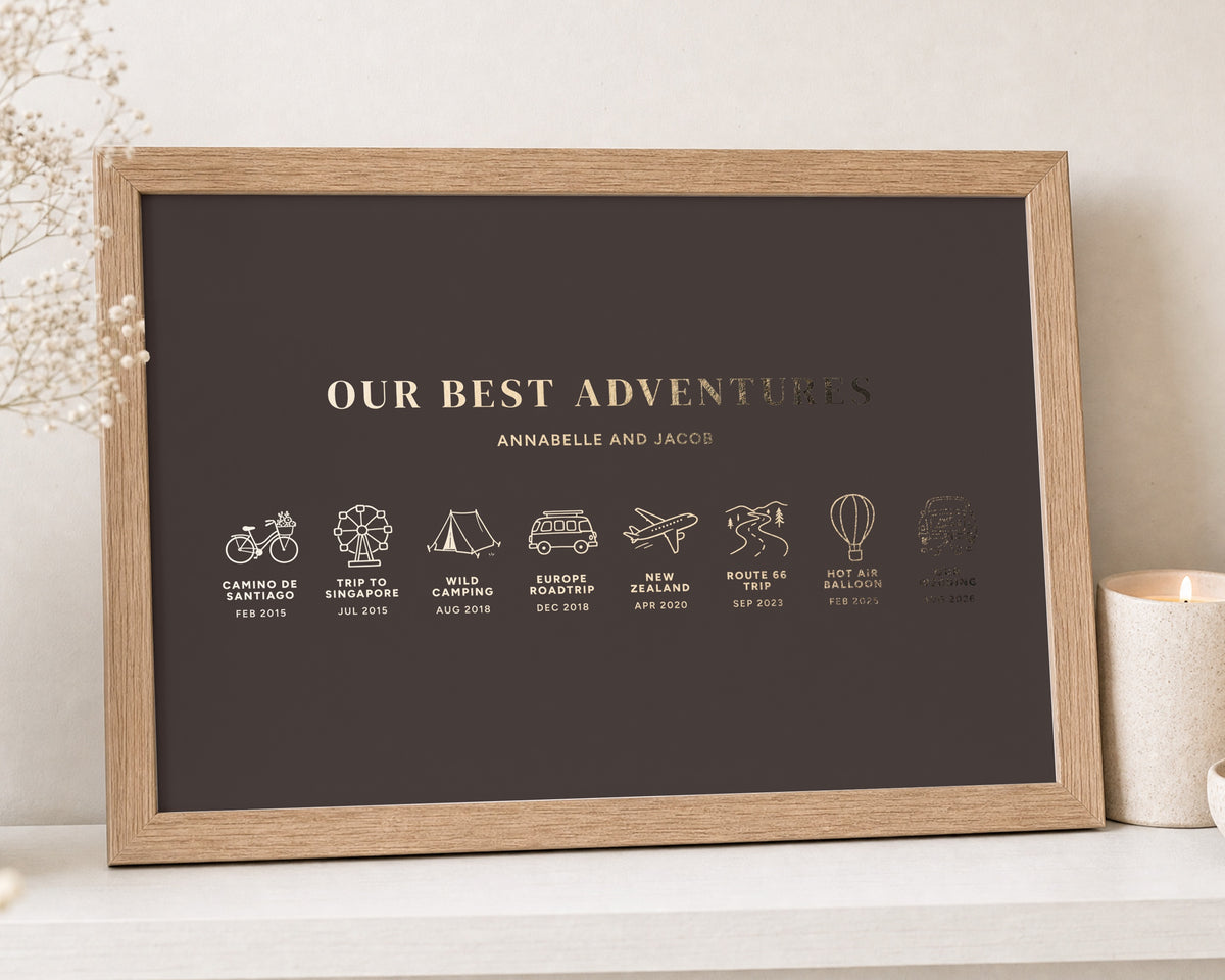 Personalised Gold Foil Adventure Print, Chocolate Brown Travel Wall Art, Couple Gift, Anniversary Gift, Landscape Framed Print