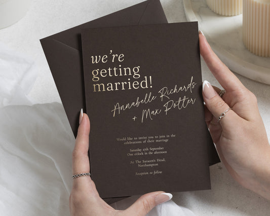 Gold Foil Wedding Invitations, Chocolate Brown Wedding Invites, Modern Typography Invitation, Personalised Luxury Wedding Stationery