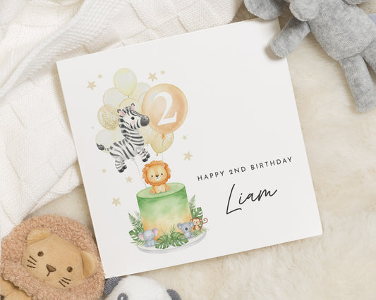 2nd Birthday Card for Boy, Personalised Safari Birthday Card, Jungle Animal Birthday Card, Birthday Card for Son, Cute Birthday Card