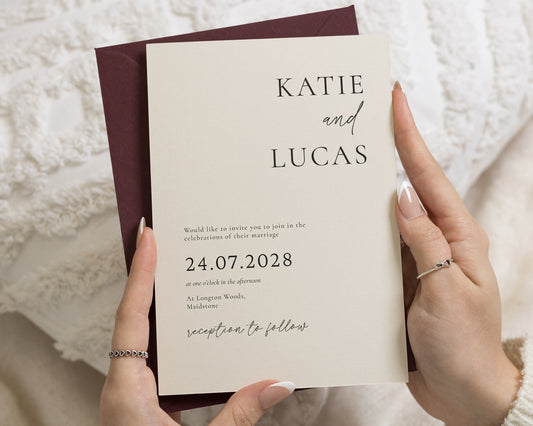 Warm Ivory Wedding Invitations with Burgundy Envelopes, Minimalist Typography Wedding Invites, Elegant Personalised Invitation Suite