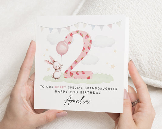 2nd Birthday Card for Granddaughter, Personalised Bunny Birthday Card, Cute Second Birthday Card for Girl