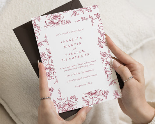Burgundy Floral Wedding Invitations, Elegant Botanical Wedding Invite, Red Flower Invitation Suite, Personalised Wedding Stationery