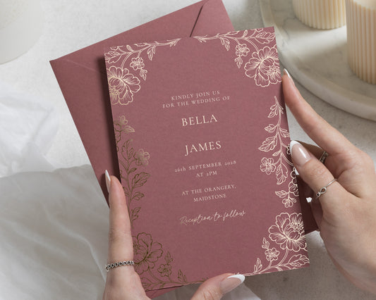 Gold Foil Floral Wedding Invitations, Burgundy Botanical Wedding Invite, Personalised Elegant Garden Wedding Invitation