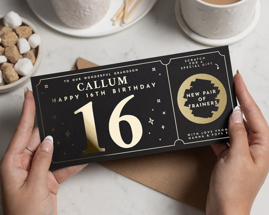 Personalised 16th Birthday Gift Voucher, Scratch To Reveal, Grandson Birthday Card, Gold Foil, Custom Gift For Him