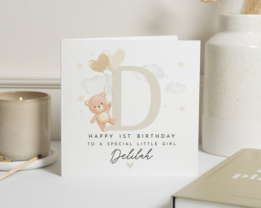 1st Birthday Card for Girl, Personalised First Birthday Card, Birthday Card for Daughter, Cute Bear Birthday Card, Baby Girl Birthday Card