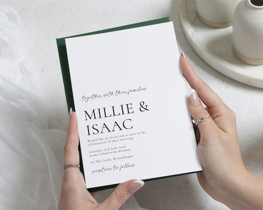 Forest Green Wedding Invitations, Minimal Wedding Invite, Elegant Typography Wedding Stationery, Personalised Invitation Suite