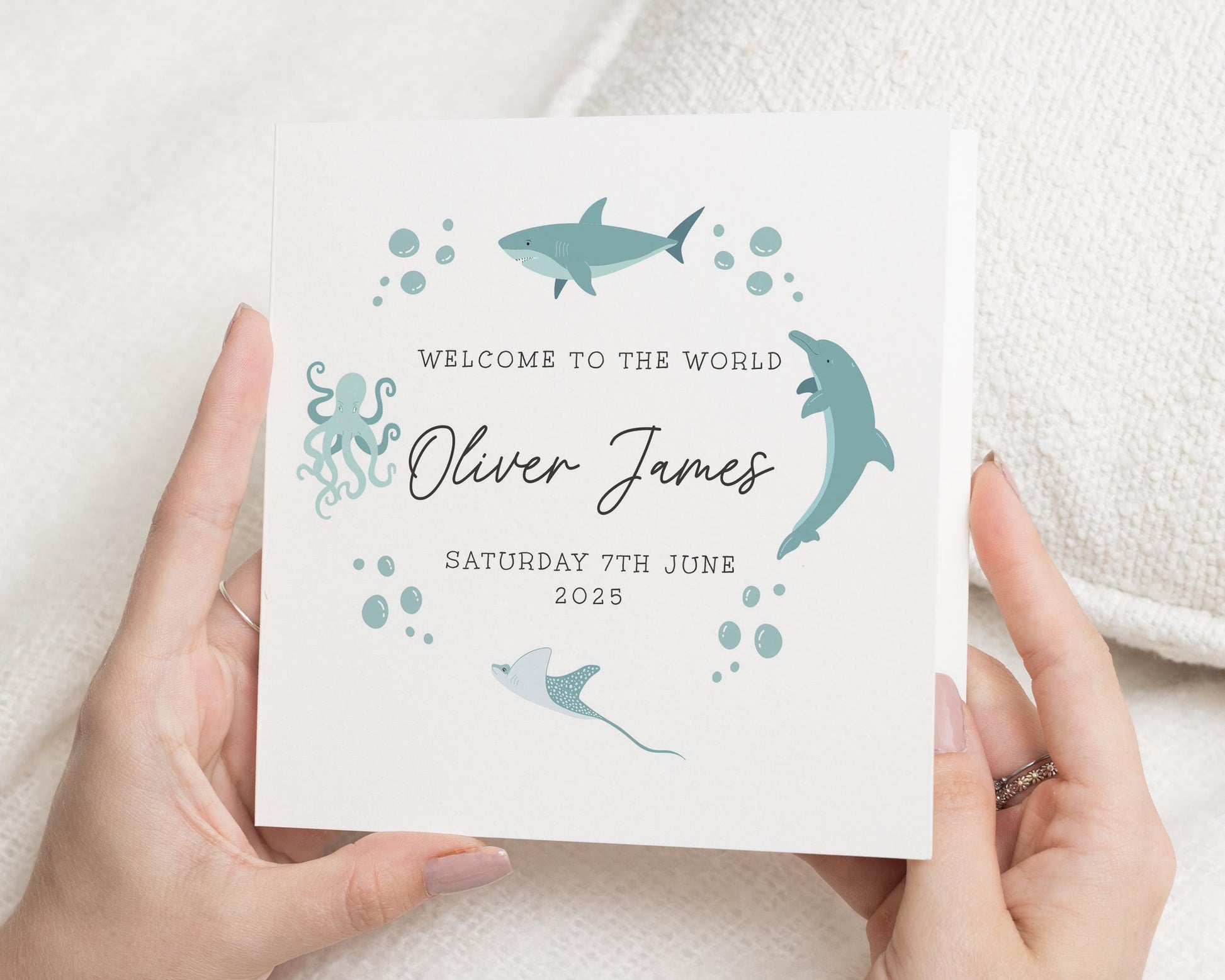 New Baby Card, Personalised Baby Card, Welcome To The World Card, Baby Boy Card, Ocean Animal Card, Baby Shower Card, Custom Name Card
