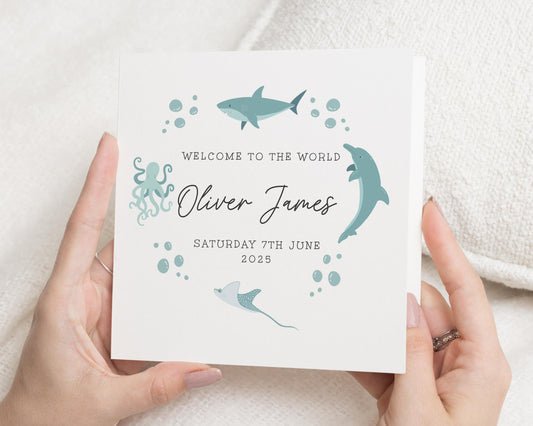 New Baby Card, Personalised Baby Card, Welcome To The World Card, Baby Boy Card, Ocean Animal Card, Baby Shower Card, Custom Name Card
