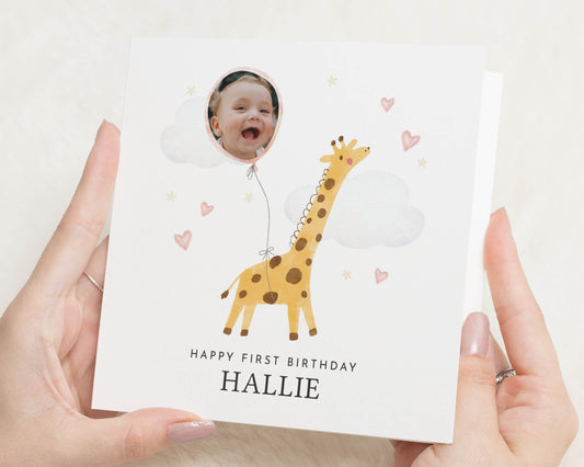 1st Birthday Card, First Birthday Card, Personalised Photo Birthday Card, Giraffe Birthday Card, Baby Birthday Card for Girl or Boy