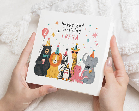 2nd Birthday Card, Personalised Birthday Card for Girl, 2nd Birthday Card for Daughter, Safari Birthday Card, Jungle Animal Card