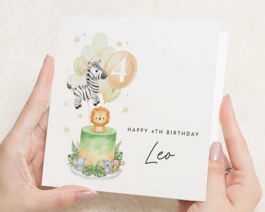 4th Birthday Card, Personalised Birthday Card for Boy, Jungle Animal Birthday Card, Birthday Card for Son, 4th Birthday Card for Kids