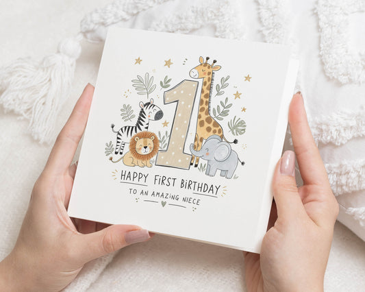 1st Birthday Card for Niece, First Birthday Card, Safari Birthday Card, Jungle Animal Birthday Card, Cute Birthday Card for Girl
