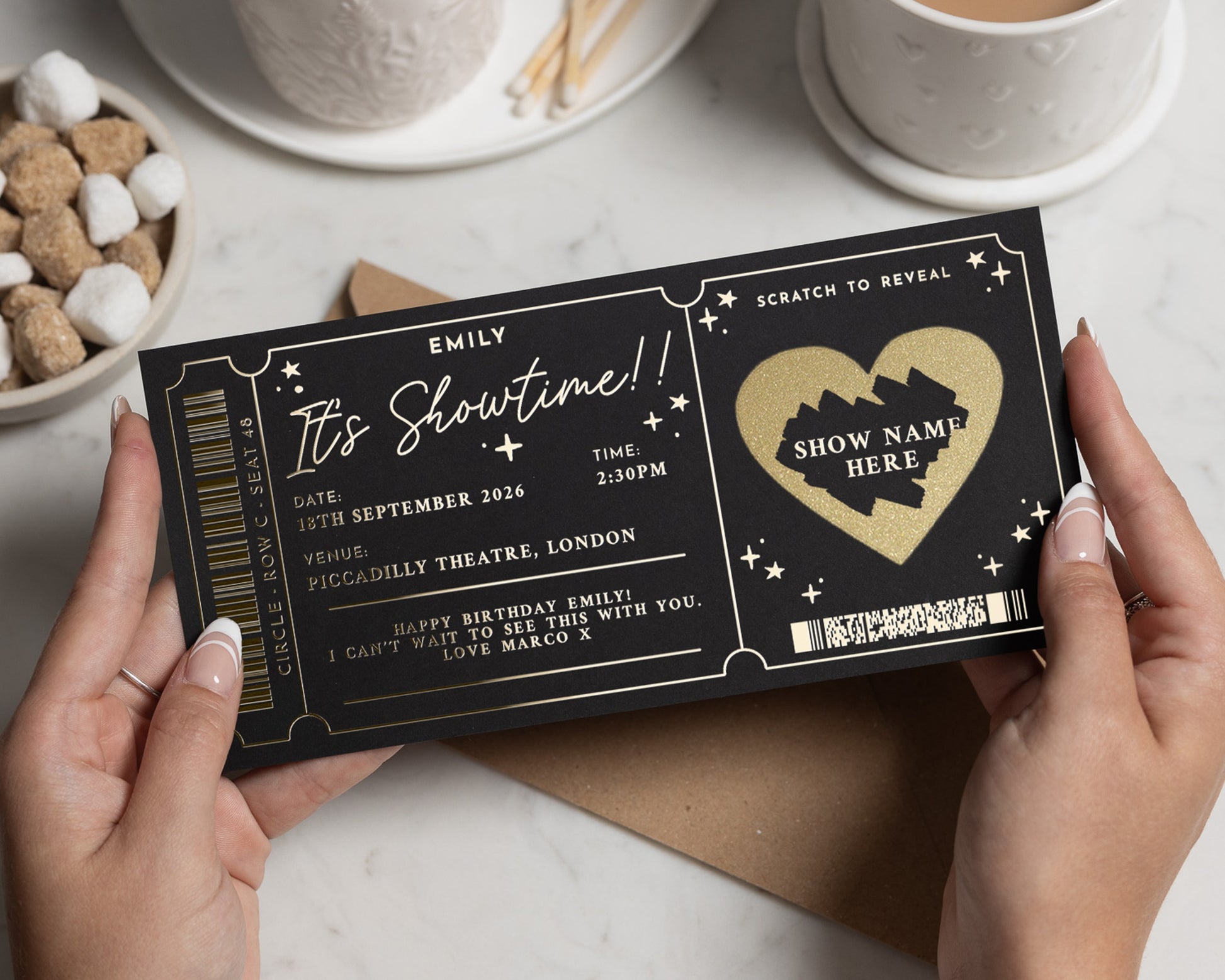Personalised Theatre Ticket Gift, Scratch To Reveal Show, Birthday Gift For Her, Gold Foil Gift Voucher
