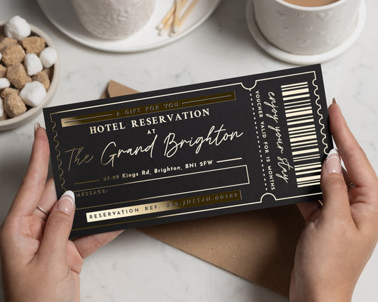 Personalised Hotel Reservation Gift Voucher, Grand Brighton, Gold Foil, Custom Gift Experience