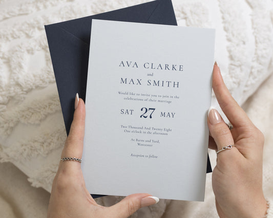 Light Blue Wedding Invitations with Navy Envelopes, Minimalist Wedding Invites, Elegant Typography, Formal Wedding Stationery