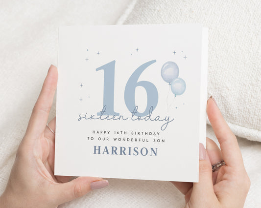 16th Birthday Card for Son, Personalised Birthday Card, Sixteen Today Card, Custom Card for Boy, Blue Balloons, Birthday Card for Him