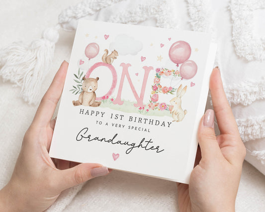1st Birthday Card for Granddaughter, First Birthday Card for Girl, Granddaughter Birthday Card, One Today Card, Cute Bunny Bear Card