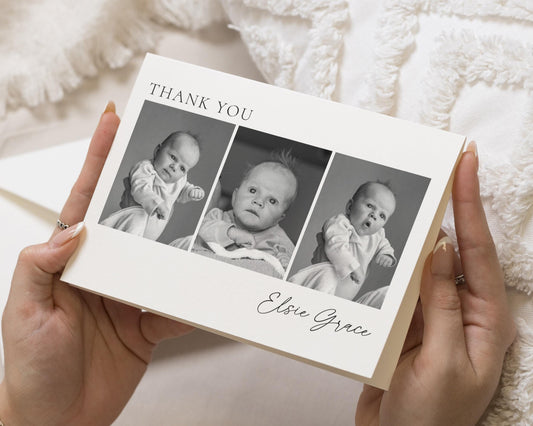 Black & White Photo Thank You Cards, New Baby Girl Photo Thank You Cards, Baby Personalised Thank You Card, New Baby Boy Announcement Cards