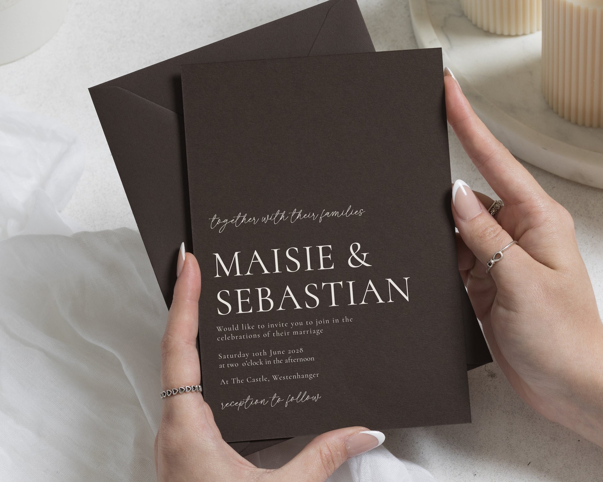 Chocolate Brown Wedding Invitations, Elegant Typography Wedding Invites, Minimalist Formal Wedding Stationery, Personalised Invitation Suite