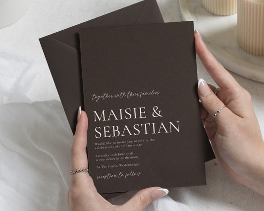 Chocolate Brown Wedding Invitations, Elegant Typography Wedding Invites, Minimalist Formal Wedding Stationery, Personalised Invitation Suite