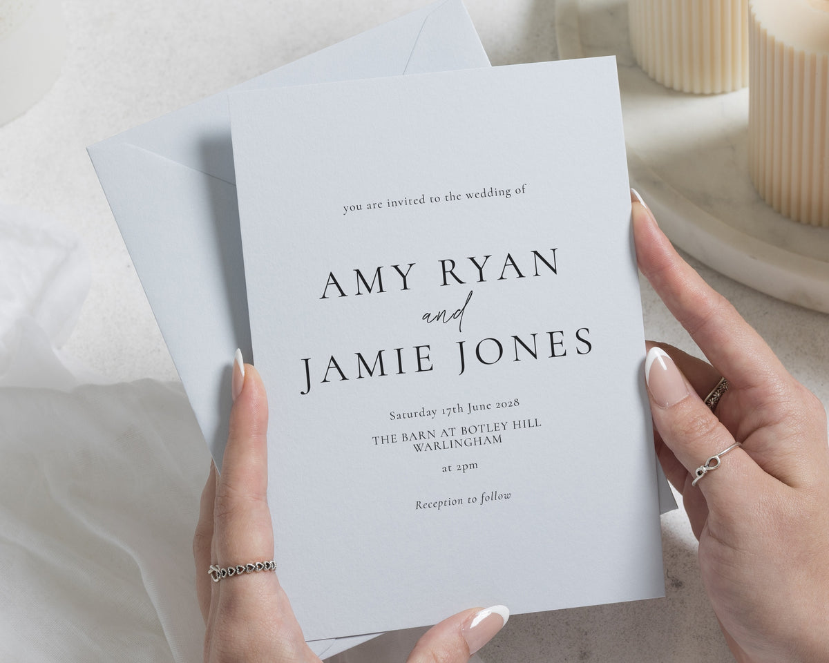 Powder Blue Wedding Invitations, Minimalist Typography Wedding Invites, Elegant Classic Wedding Stationery, Personalised Invitation Suite