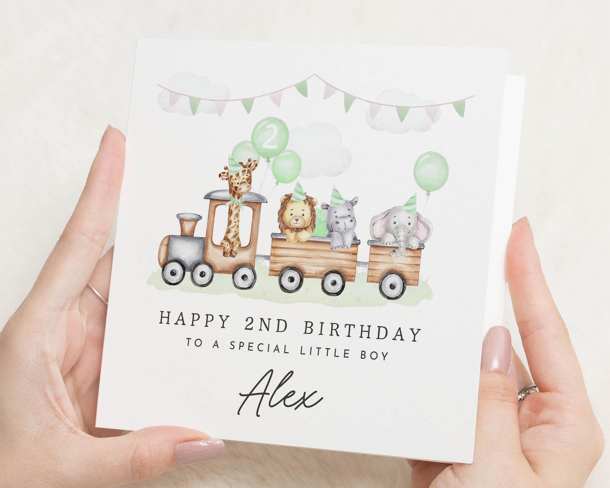 2nd Birthday Card for Boy, Personalised Animal Train Birthday Card, Birthday Card for Son, Cute Second Birthday Card, Safari Birthday Card