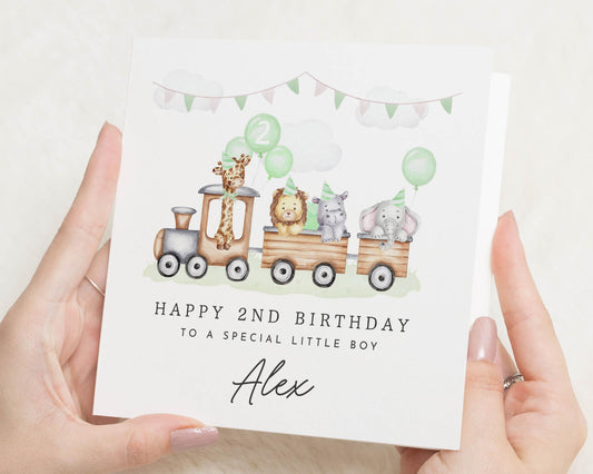 2nd Birthday Card for Boy, Personalised Animal Train Birthday Card, Birthday Card for Son, Cute Second Birthday Card, Safari Birthday Card
