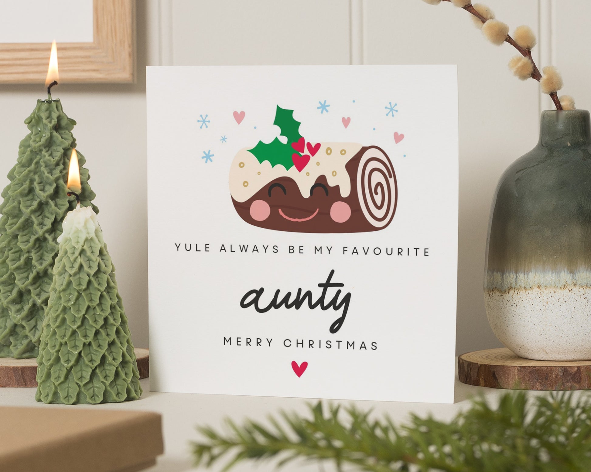 Christmas Card for Aunty, Aunty Christmas Card, Yule Log Card, Cute Christmas Card for Her, Personalised Christmas Card, Aunt Card