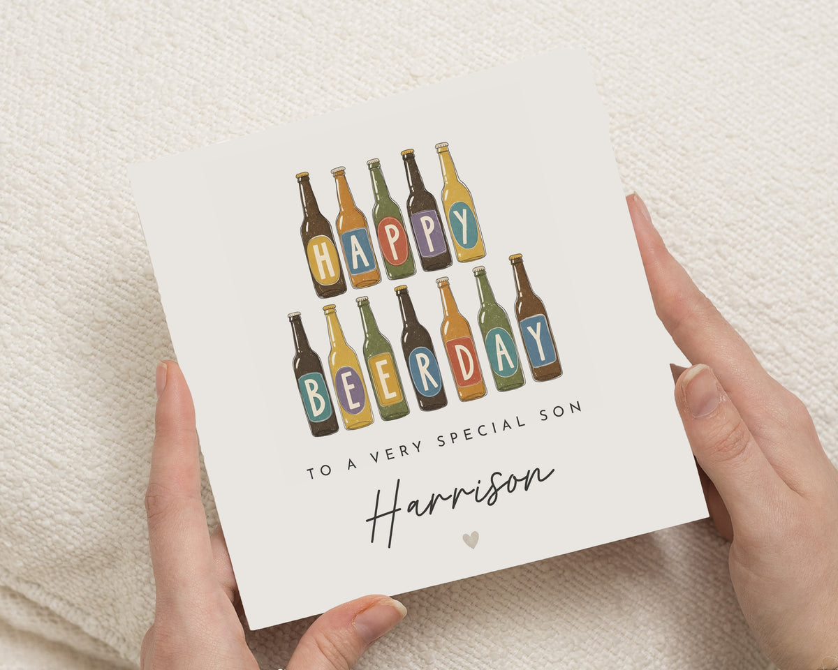 Birthday Card for Son, Son Birthday Card, Personalised Birthday Card for Him, Beer Birthday Card, Funny Beerday Card for Adult Son