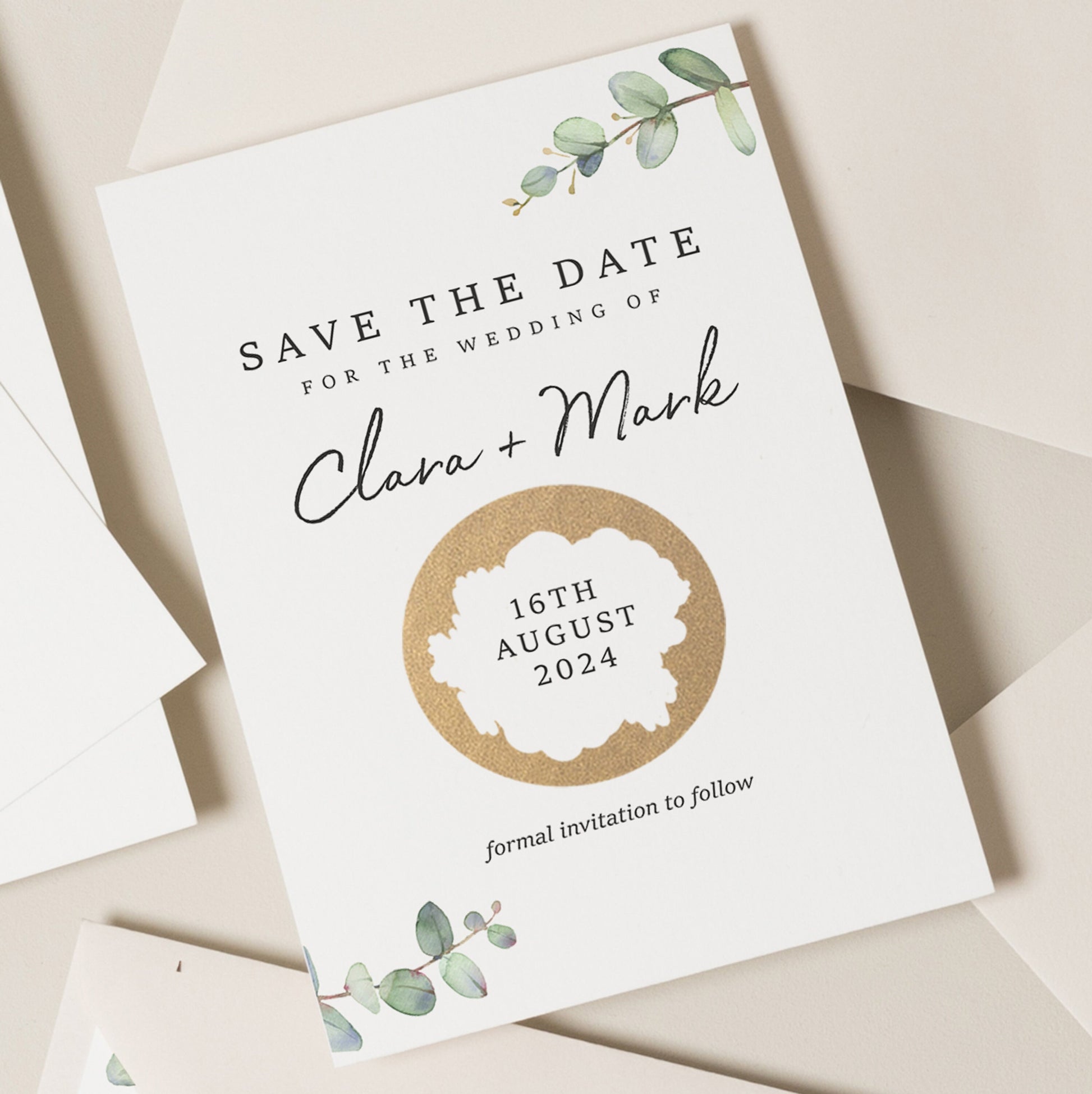 Eucalyptus Save The Date Cards, Minimal Save The Date Scratch Off Cards, Unique Wedding Save Our Date Cards, Engagement Announcement Card